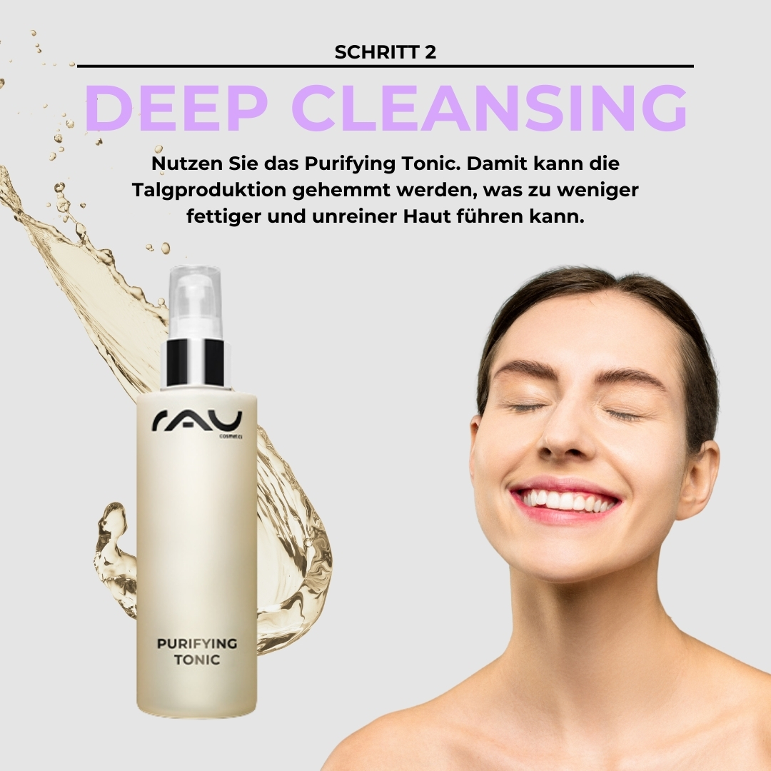 Advanced Pflegeroutine für unreine fettige Haut RAU Cosmetics Purifying Tonic für die Tiefenreinigung, abgebildet mit einer lächelnden Frau, die die Vorteile der Hautpflege für fettige und unreine Haut hervorhebt.