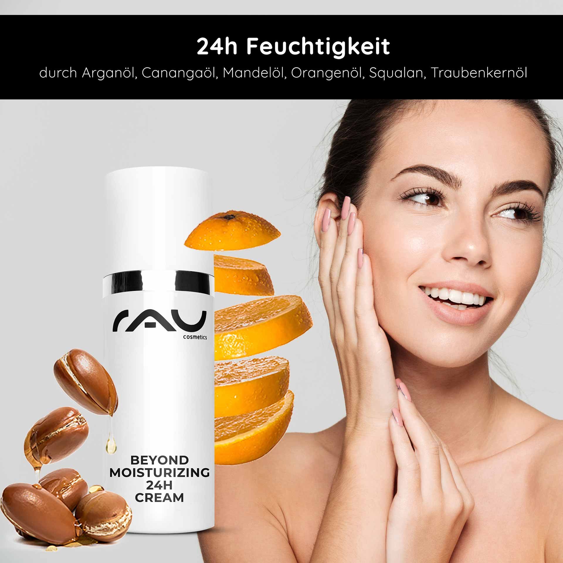 Flasche „Beyond Moisturizing 24h Cream“ von RAU Cosmetics mit Orangenscheiben und Model, das sich das Gesicht eincremt und dabei die natürlichen Inhaltsstoffe für die Hautpflege hervorhebt.