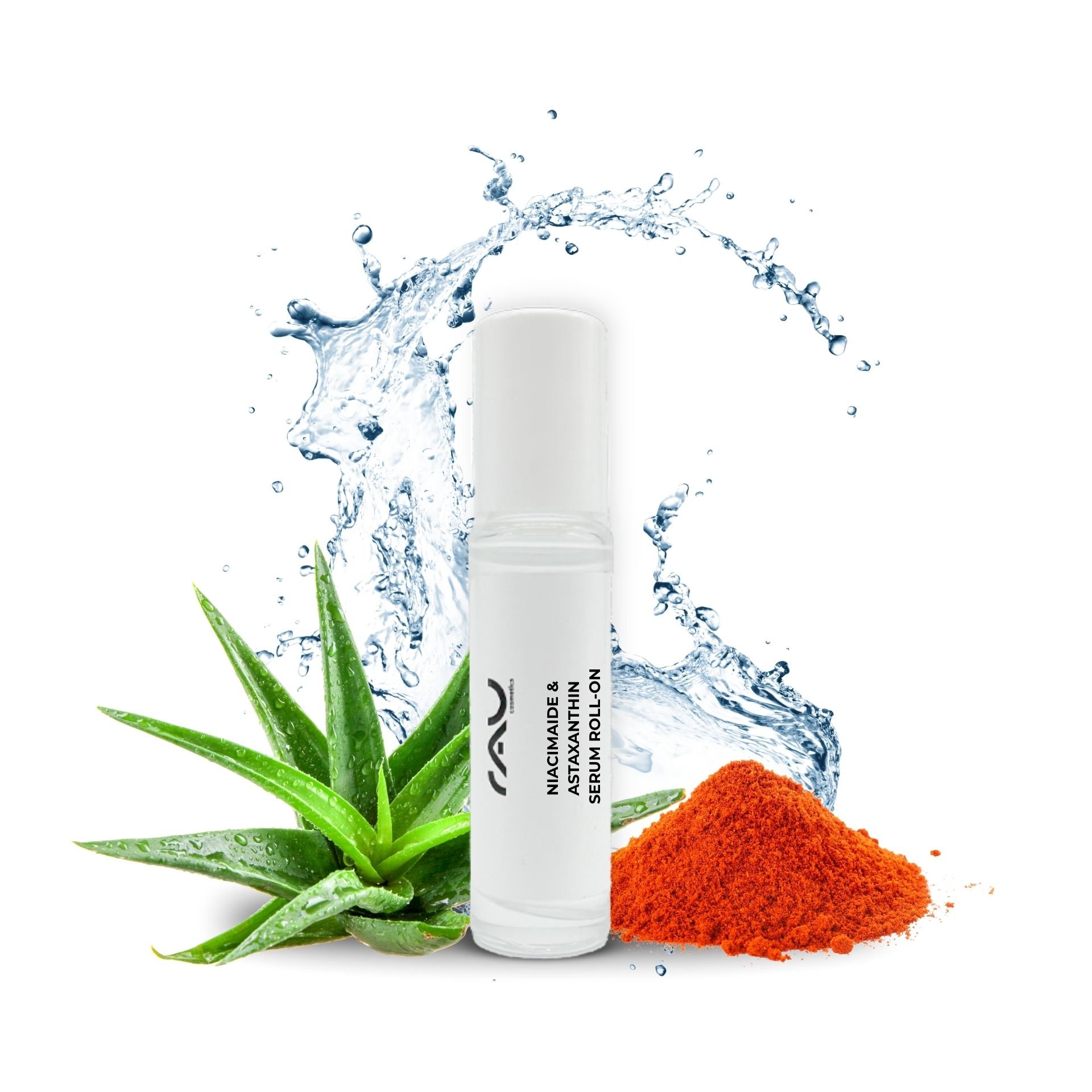 RAU Cosmetics Niacinamide & Astaxanthin Serum Roll-On, umgeben von Aloe-Vera-Blättern, Astaxanthin-Pulver und Wasserspritzern, betont die Vorteile der Feuchtigkeitsversorgung und Hautverjüngung.